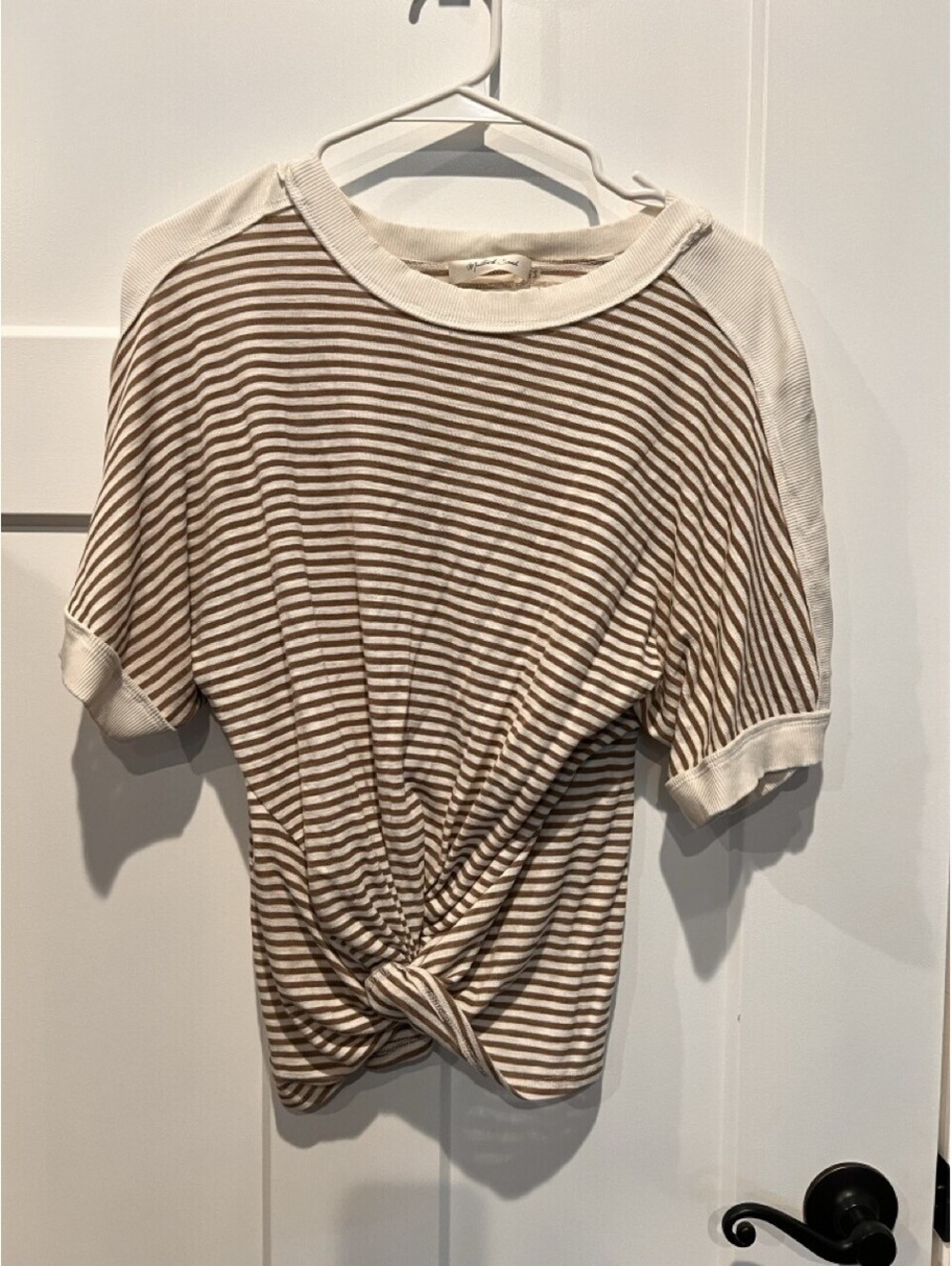 Market & Spruce Womens S Taupe White Striped Dolman Sleeve Knit Top